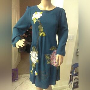 Lk New Luxury Varun Bahl Chic Teal 3D Floral Dress Embroidery SZ 2